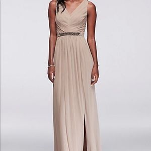 Long Mesh Dress with V-Neck and Beaded Waistband